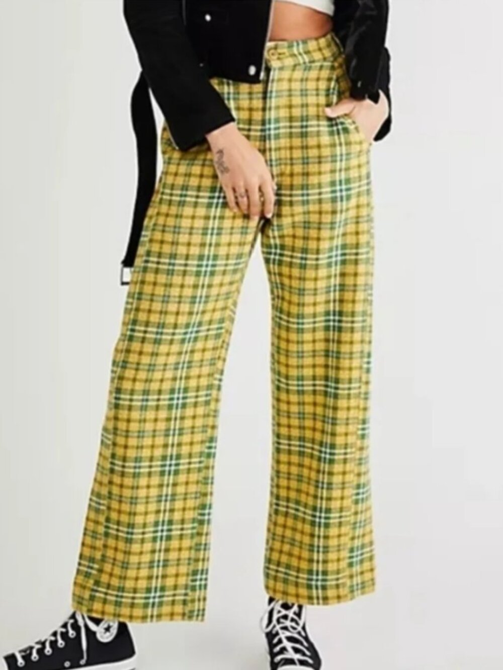 Free People Shape Up Plaid Trousers Yellow Green Wide Leg Pants Flannel Grunge